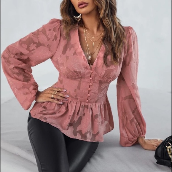 Romantic floral appliqué button detail peplum blouse redwood - Picture 5 of 16